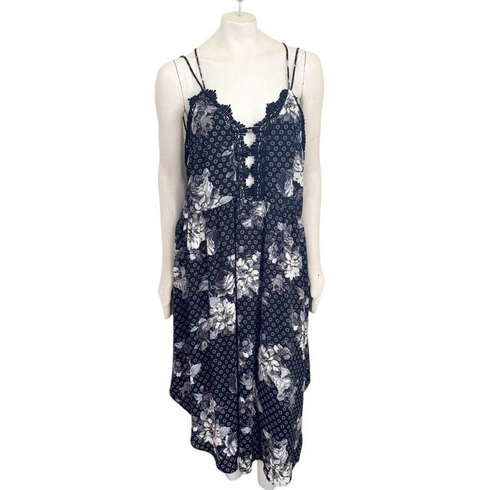 VTG FREE PEOPLE Floral Crochet Lace Double Strap Midi Dress  90s Y2K  SZ M